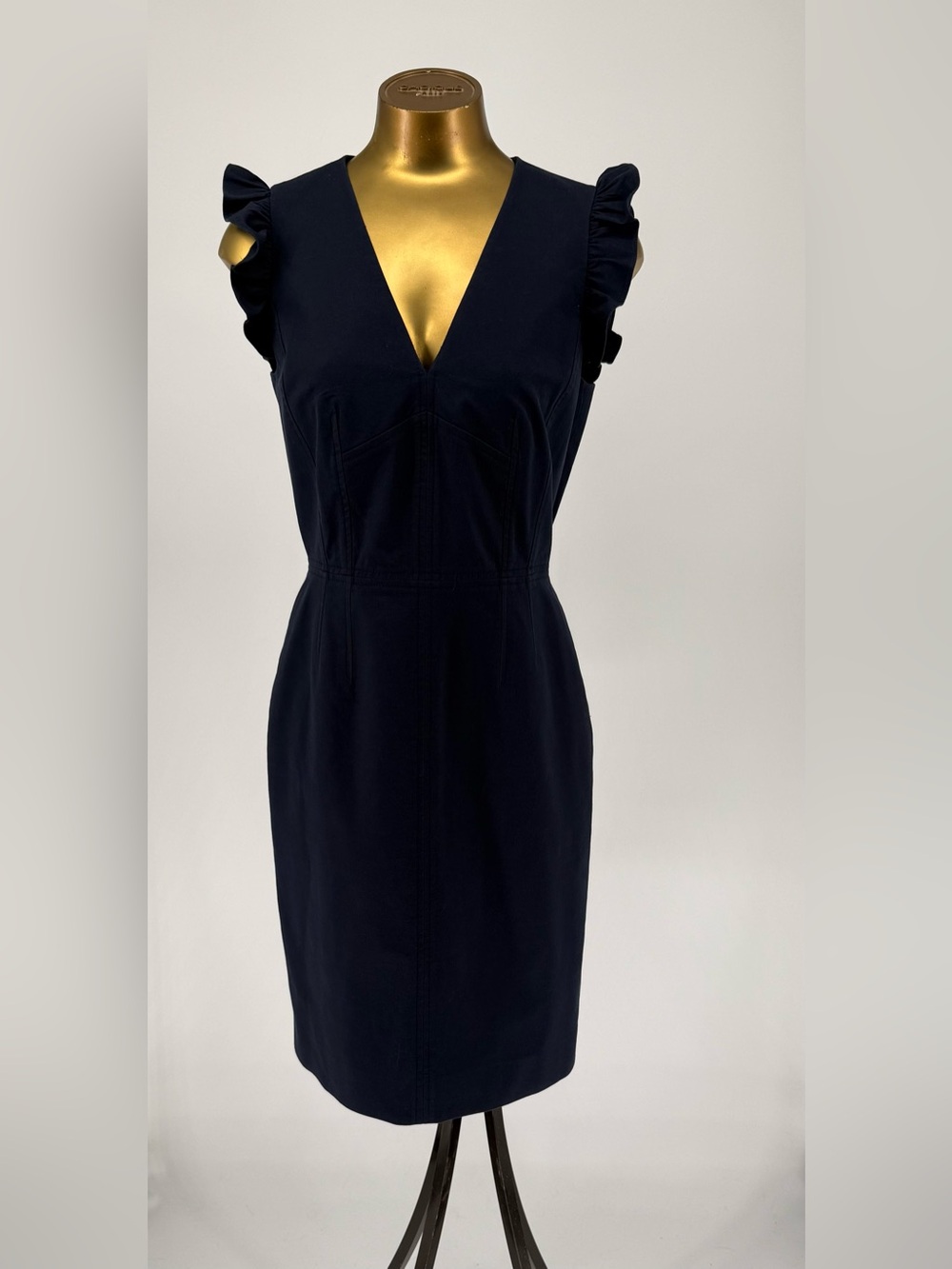 Rebecca Taylor Tailored Navy V-Neck Sheath Dress with Ruffle Sleeves Size 6